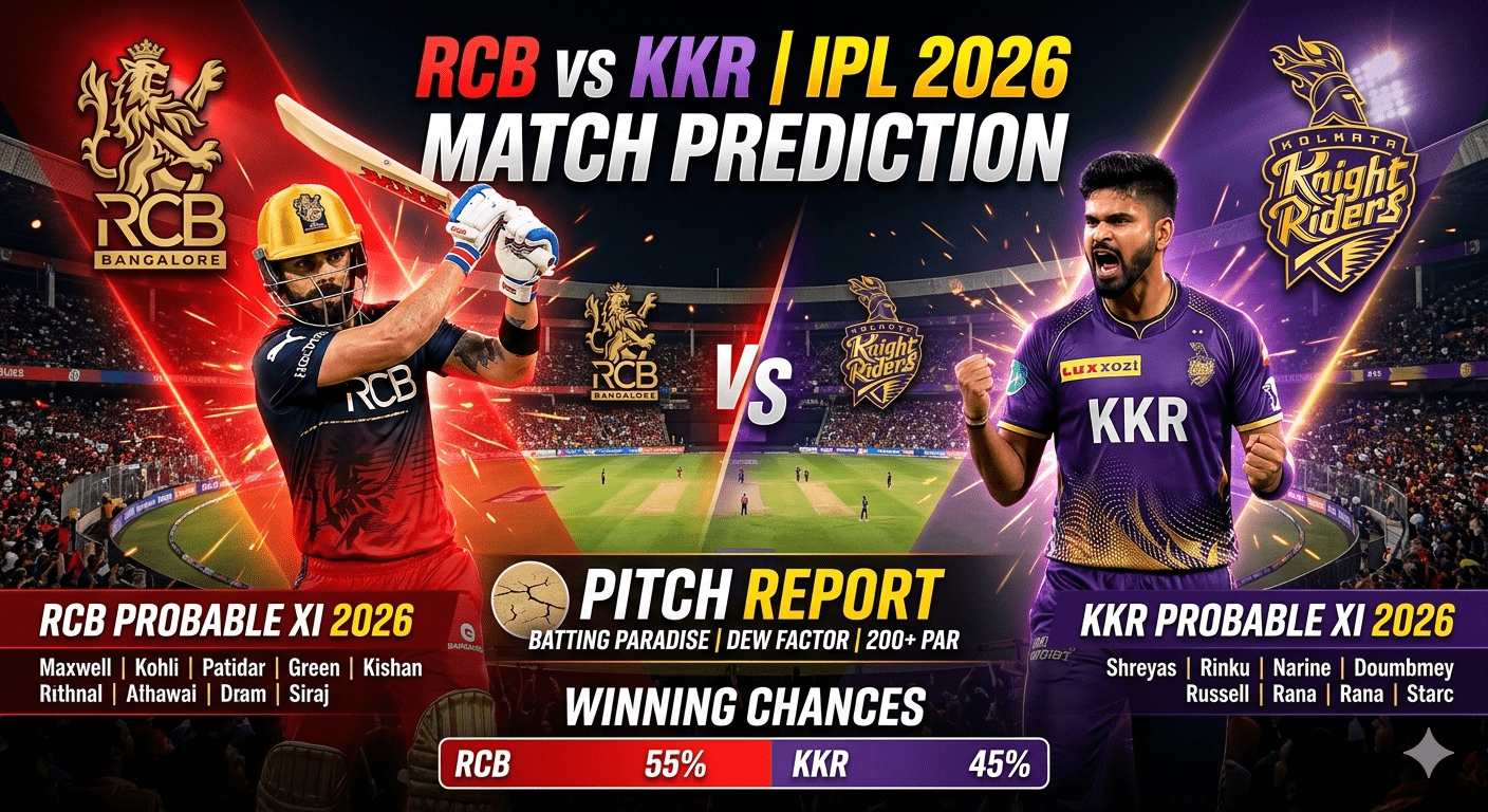 RCB vs KKR Match Prediction 2026: Pitch Report, Playing 11 & Winning Chances